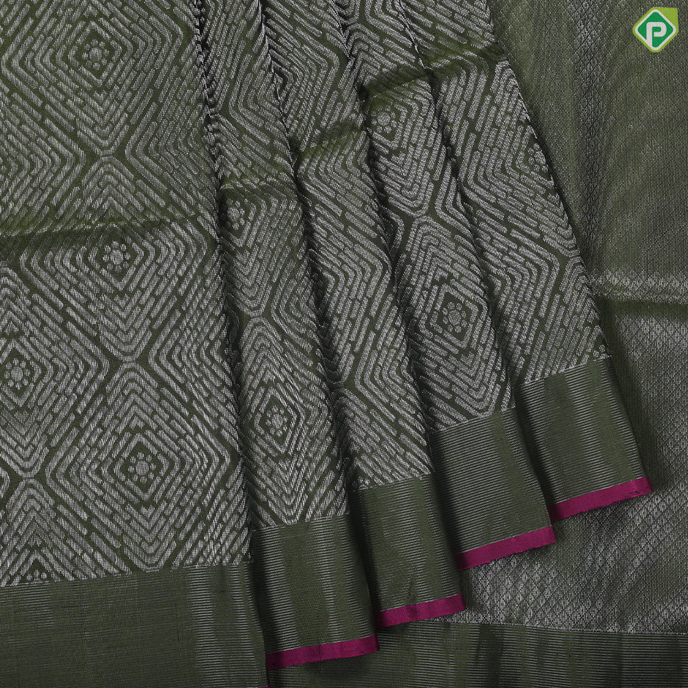 Pickle green silver zari big squares design self pink edge border soft silk saree