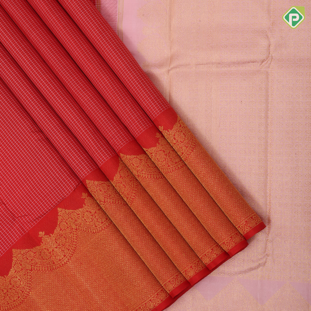 Tomato red cream white checked design Self color gold zari turning border traditional silk saree