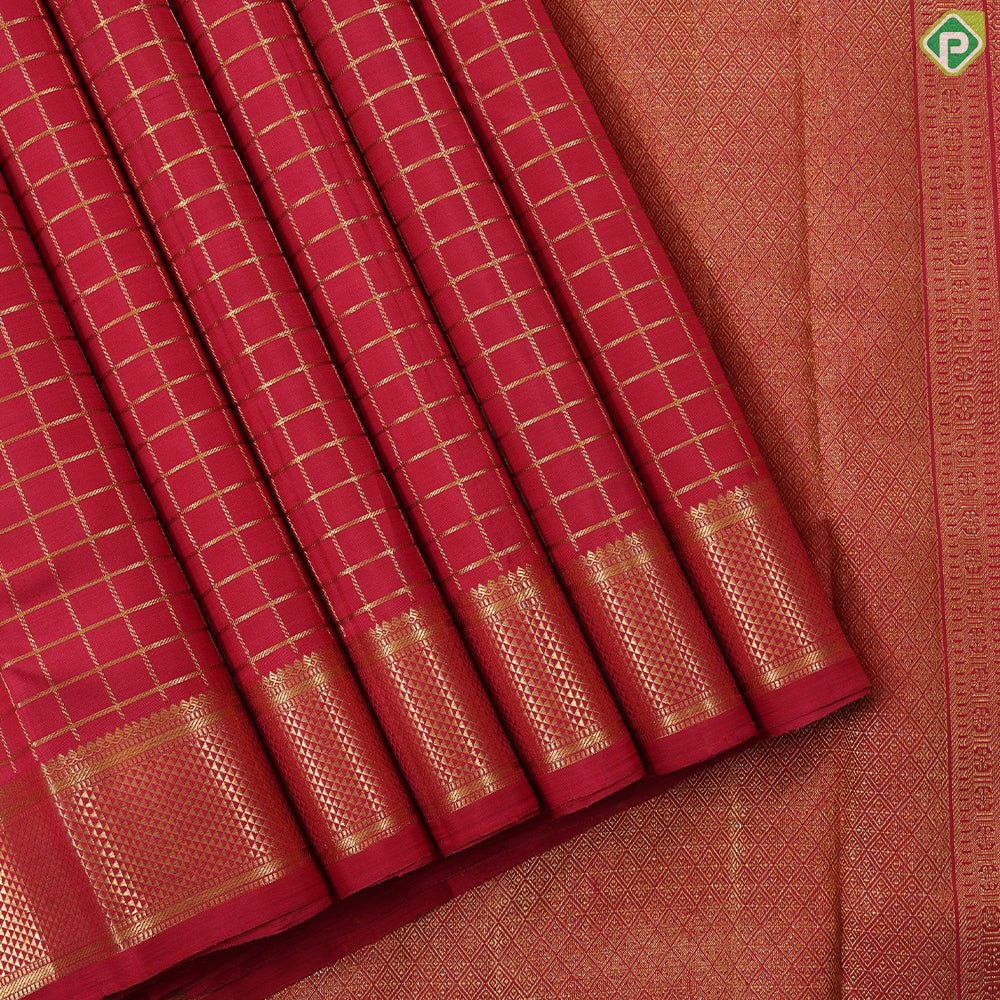 Tomato red gold zari kattam checkered design self gold zari mayikan border madisar 9 yards silk saree