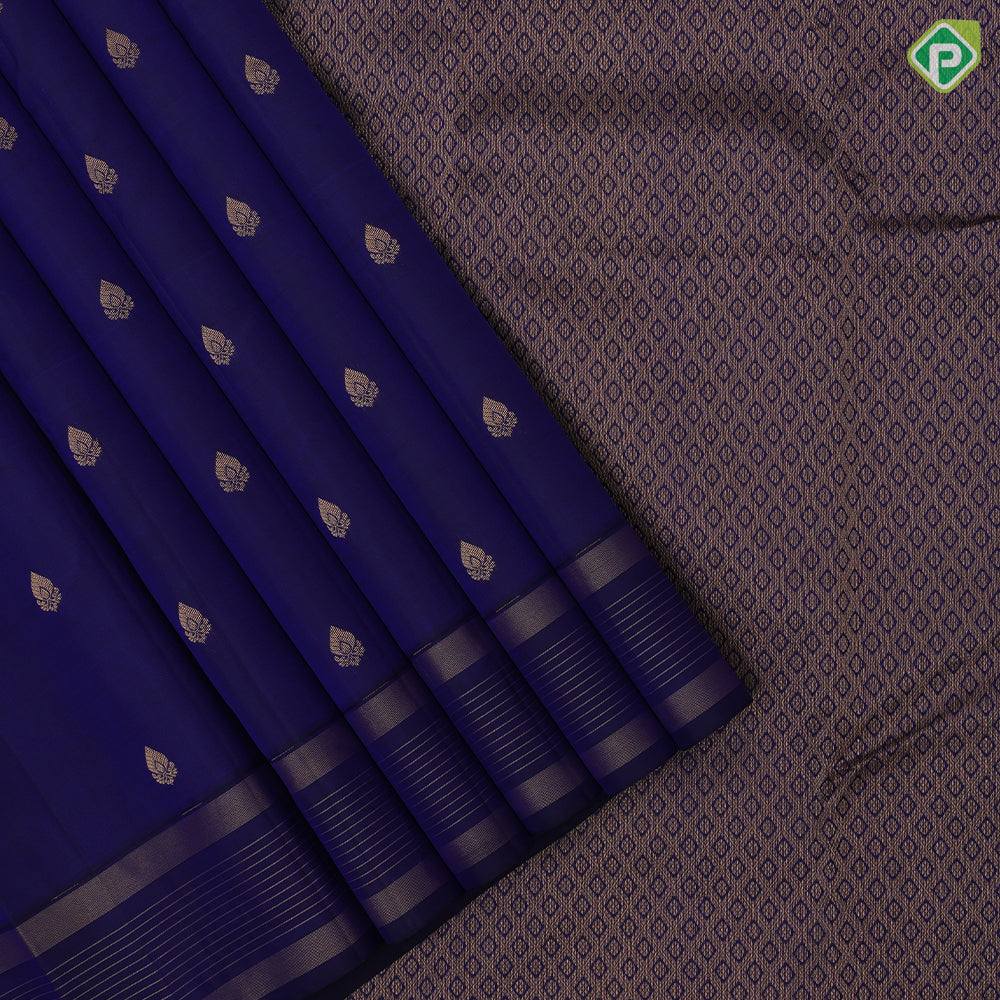 Navy Blue Gold Zari Small Motif Design Self Colour Zari Lines Border Design Traditional Silk Saree