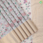 cream base multi color floral embroidered design peach cream gold zari star diamond lines border kora silk saree