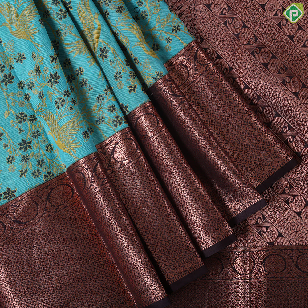 Rama Blue Mustard yellow meena work design brown copper zari thilagam border trendy silk saree