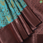 Rama Blue Mustard yellow meena work design brown copper zari thilagam border trendy silk saree