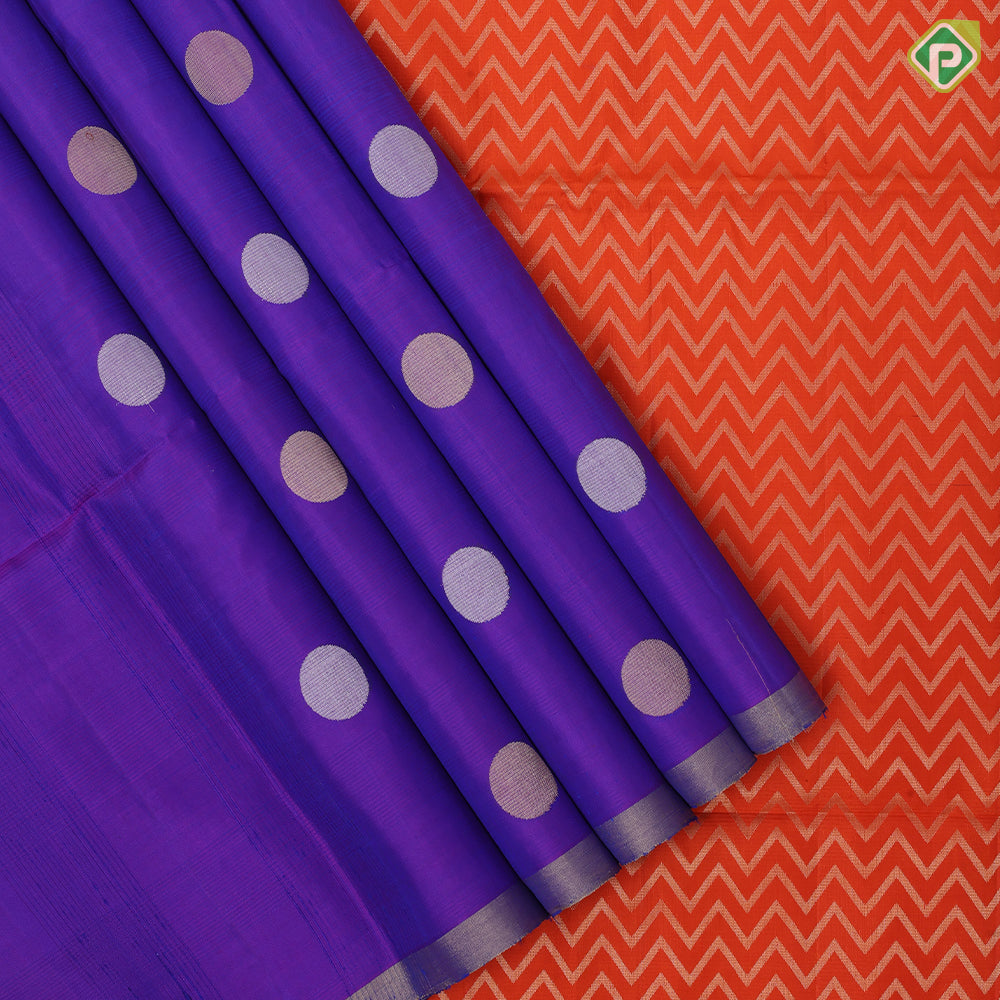 Emarald green silver gold zari round dots self gold zari border contrast orange pallu soft silk saree