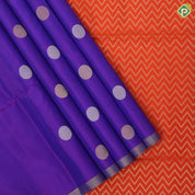 Emarald green silver gold zari round dots self gold zari border contrast orange pallu soft silk saree