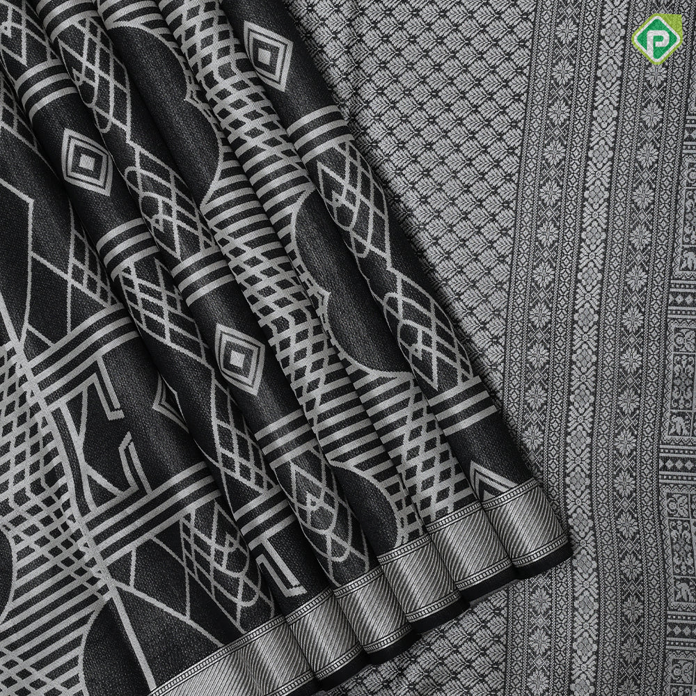 Black Colour silver Zari Brocade Design Self Colour Bavanji Border Design Luxury Black Silk Saree