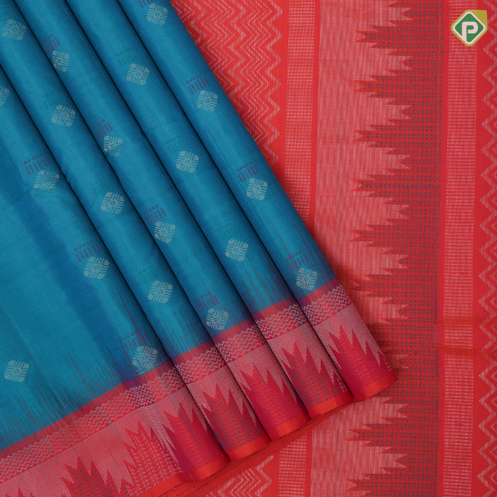 Tomato red silver zari silk thread fancy butta mustard yellow silver zari temple border soft silk saree