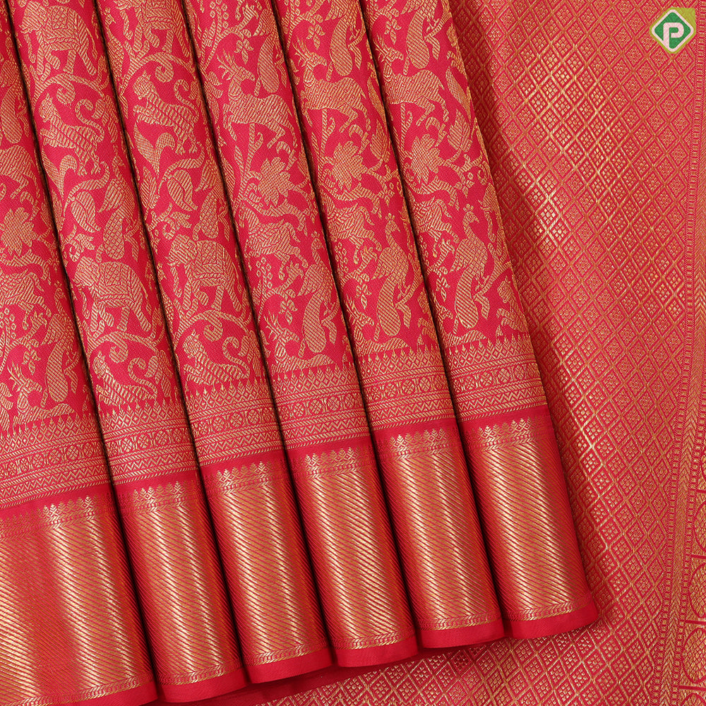 tomato red with gold zari vanasingaram design self gold zari border grand bridal silk saree