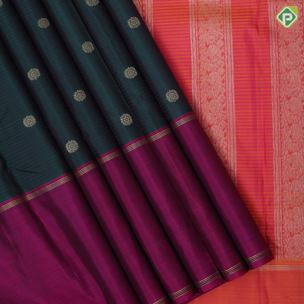 Bottle Green Gold Zari Flower Butta Design Magenta And Purple Colour Line Design Traditional Silk Saree