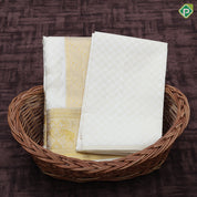 Half white self design weaved gold zari double yaali butta border 3 in 1 pure silk dhothi vesti set