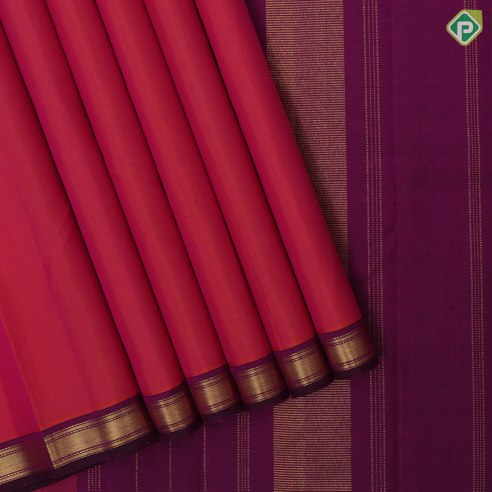 Orangish pink full body plain purple with gold zari bavanji edge border plain traditional vintage silk saree