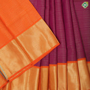 Beetroot pink gold zari vairaoosi lines design dark orange gold zari micro diamond border pattu paavadai lehanka