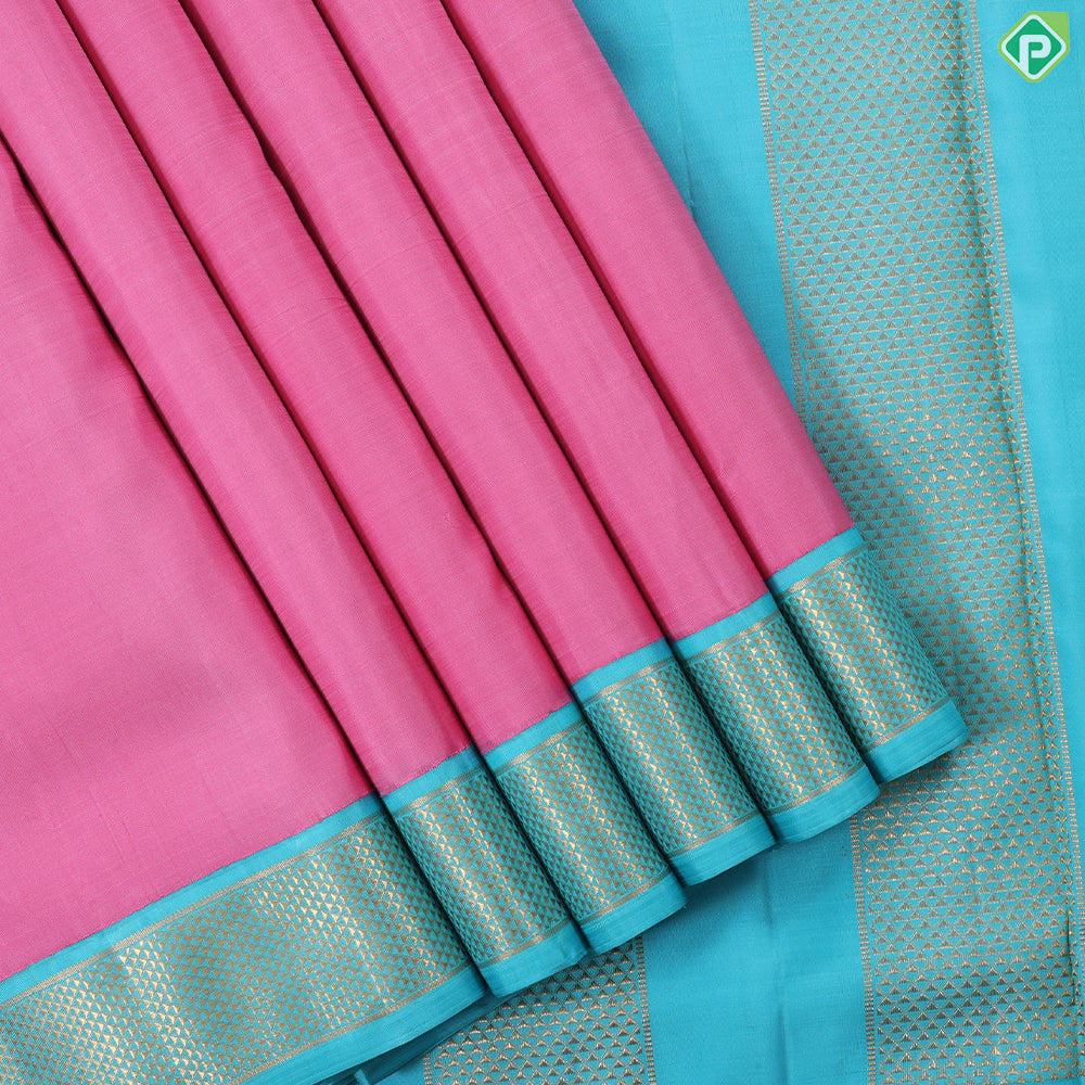 baby pink plain weaved design contrast sky blue gold zari mayilkan border 9 yards silk saree