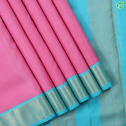 baby pink plain weaved design contrast sky blue gold zari mayilkan border 9 yards silk saree