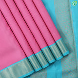 baby pink plain weaved design contrast sky blue gold zari mayilkan border 9 yards silk saree