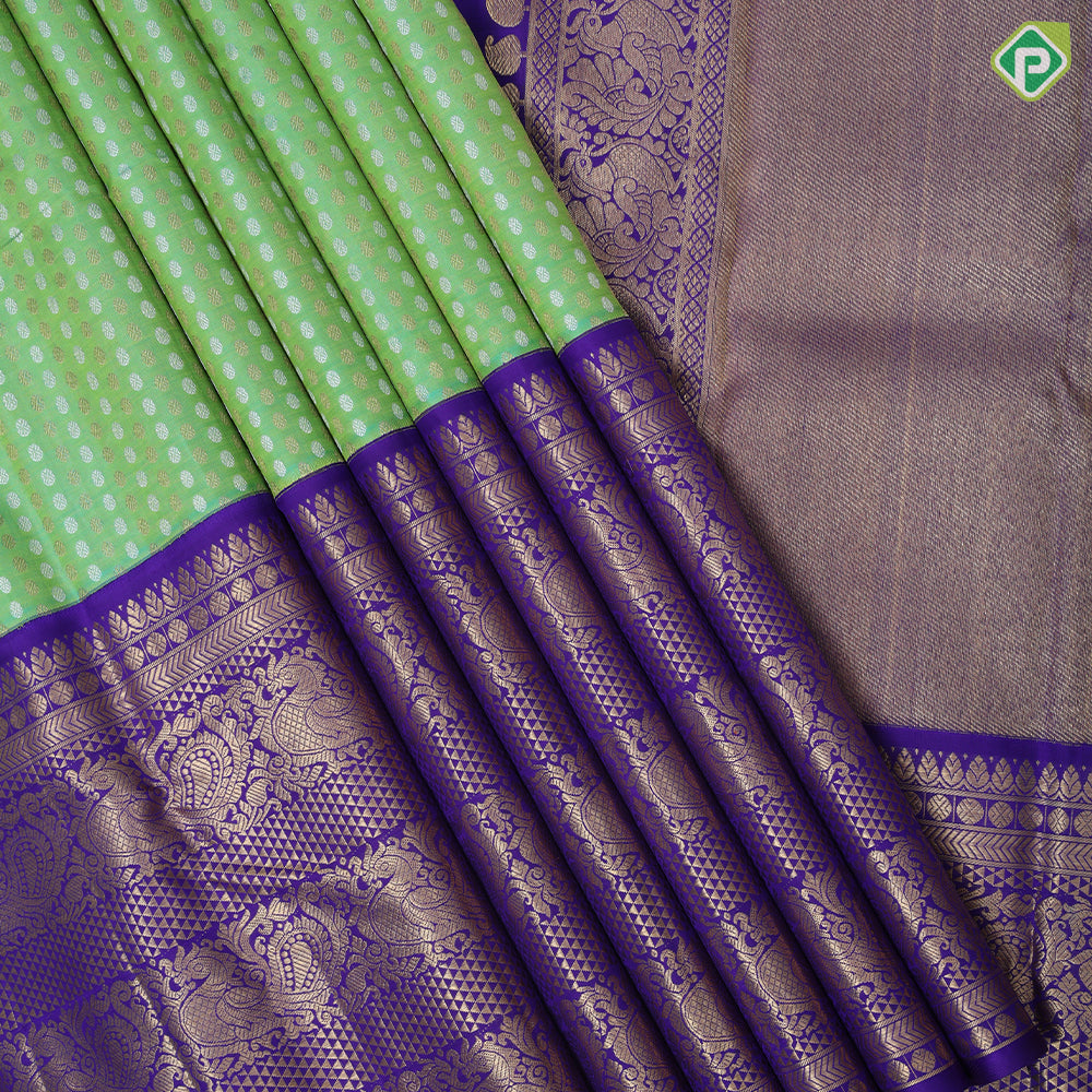 Pista green silver gold zari thousand butta design purple blue gold zari peacock butta lines high border bridal silk saree