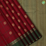 Chilly red silk thread padded gold zari stripe checks bottle green gold zari peacock border traditional silk saree
