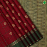 Chilly red silk thread padded gold zari stripe checks bottle green gold zari peacock border traditional silk saree