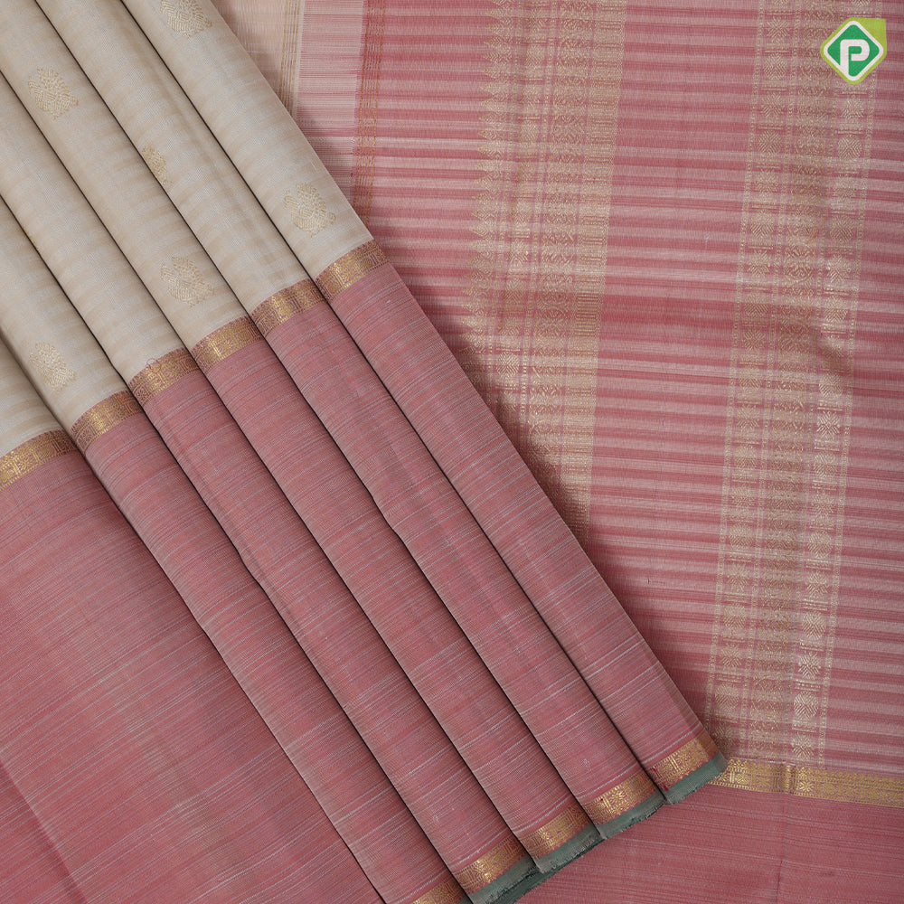 creamy sandal Self lines gold zari annam chakkaram butta three part onion pink rettapet high border traditional silk saree