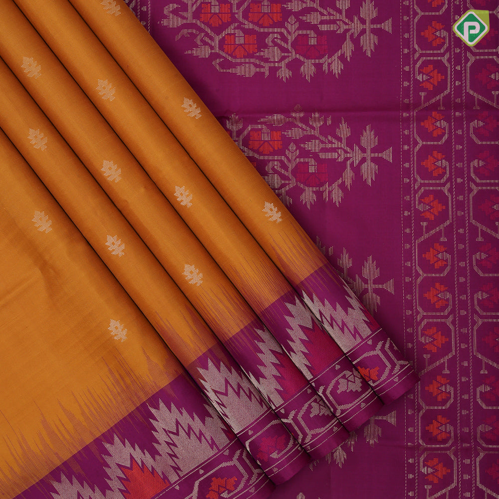 Mustard yellow gold zari fancy butta design grand pallu rani pink gold zari temple border soft silk saree