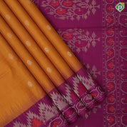 Mustard yellow gold zari fancy butta design grand pallu rani pink gold zari temple border soft silk saree