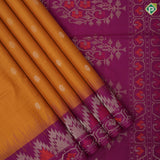Mustard yellow gold zari fancy butta design grand pallu rani pink gold zari temple border soft silk saree