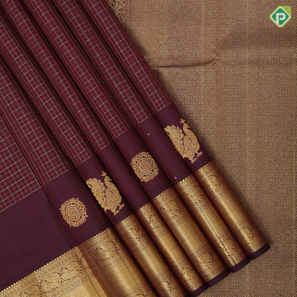 grape brown gold zari and silk thread checks design self gold zari peacock lines border traditional silk saree