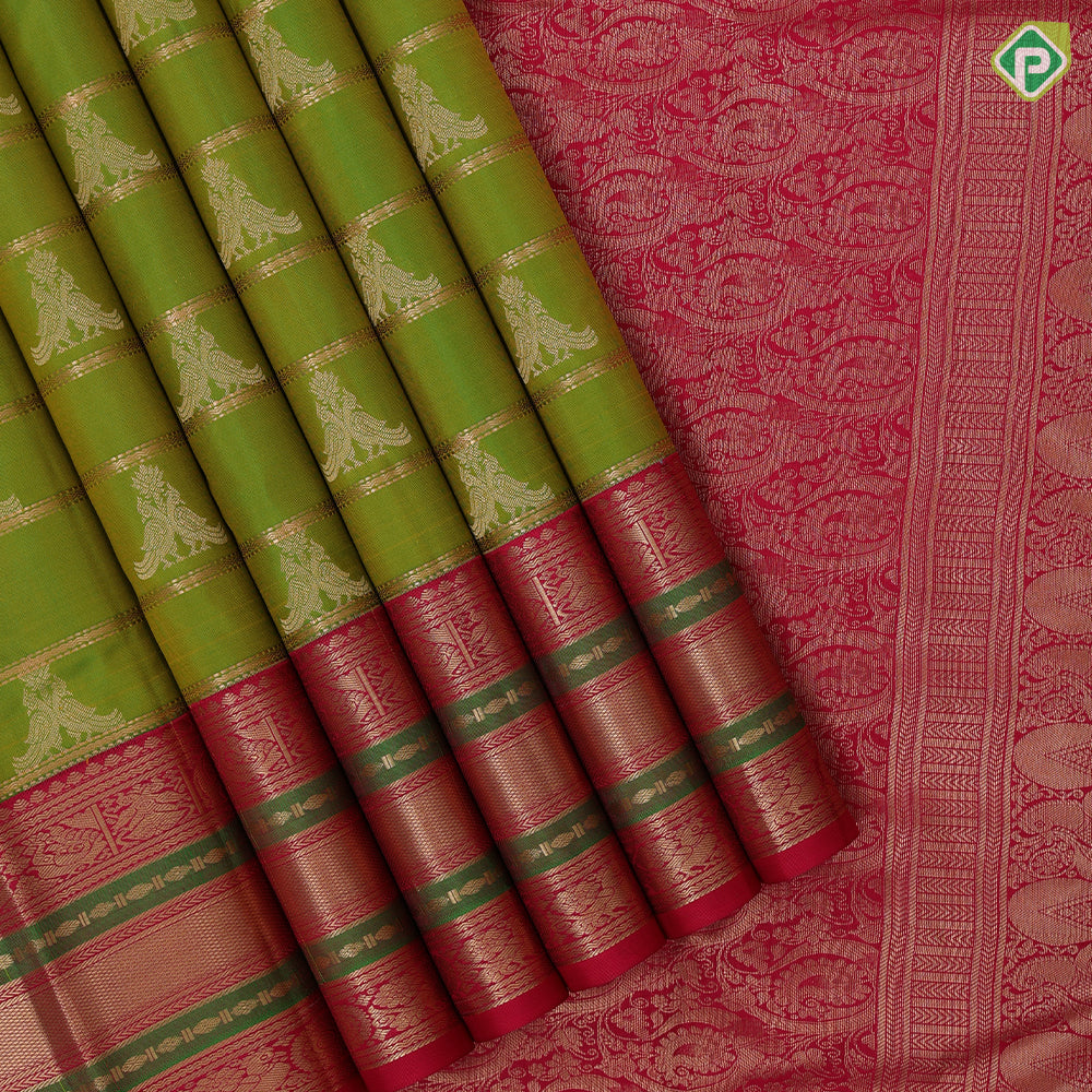parrot green gold zari velthari lines double peacock butta rani red gold zari meena work border traditional silk saree