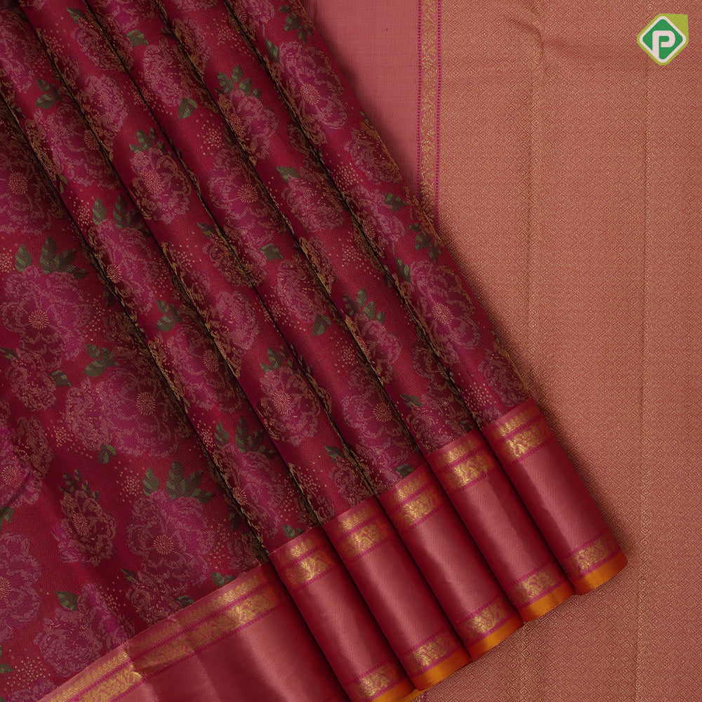 Rani Pink Gold Zari Flower Design Peach Floral Border Design Grand Silk Saree