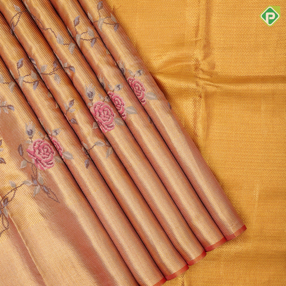light Lavender gold zari with silk thread floral embroidered design plain gold zari zig zag border embroidery silk saree