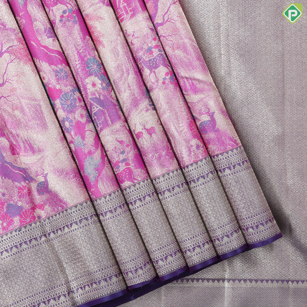 Rose Pink Self Krishna Radha Romance tissue weaved design Purple silver gold zari Border trendy tissue silk saree