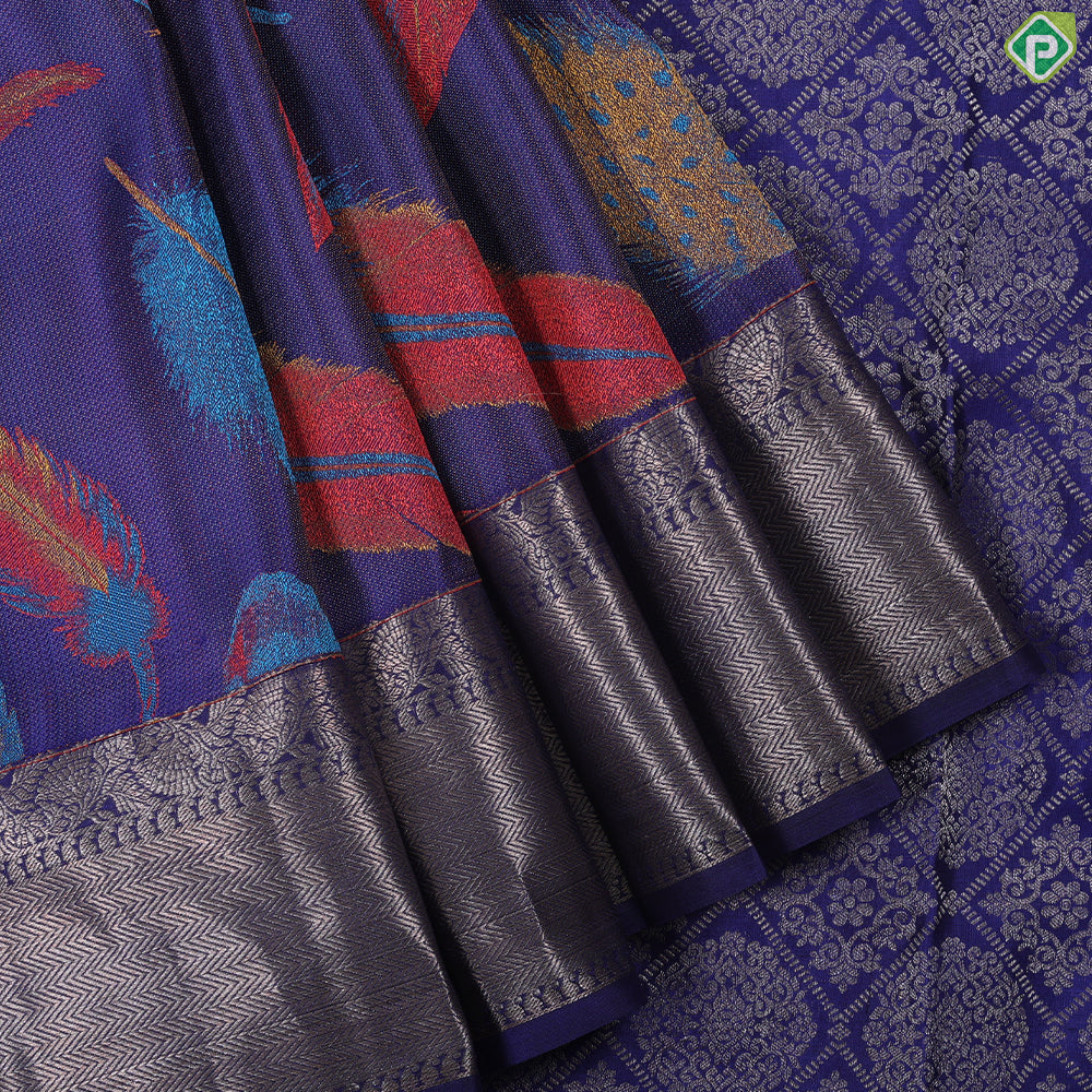 Indigo blue multi color feather design self color silver zari rangoli zig zag border trendy silk saree