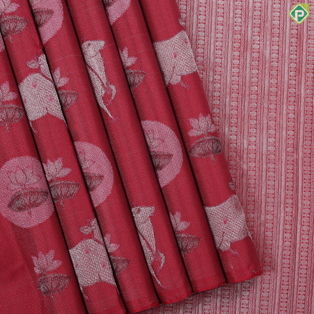 Beetroot red silver zari cow and lotus Pichwai painting Inspired rare signature edition silk saree