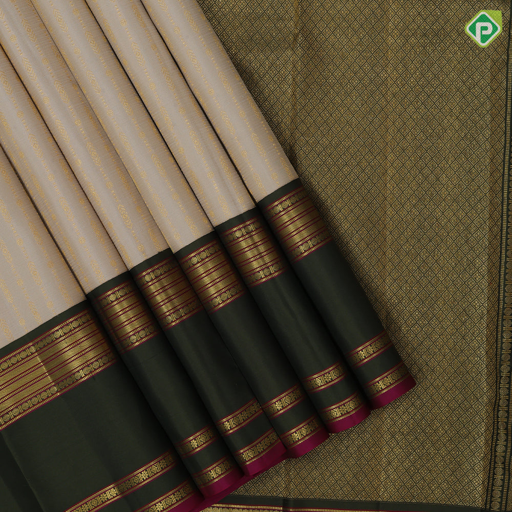 Cream White Gold Zari Arrow Straight Line Design Olive Green Ruthracham Flower Diamond Border Design Traditional Silk Saree