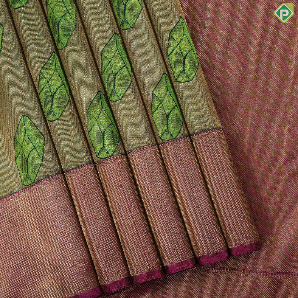 Olive green gold zari tissue weaved emerald silk butta design pink gold zari diamond border trendy tissue silk saree