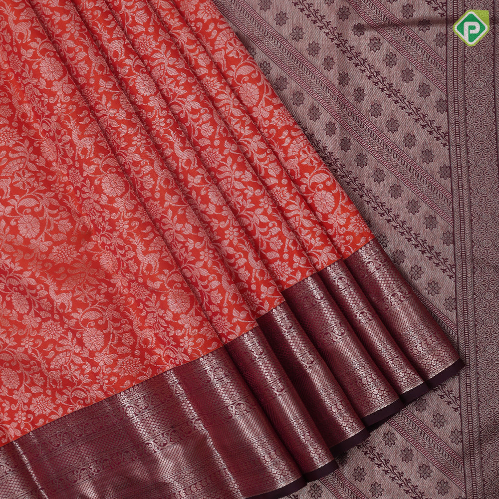Honey Orange silver copper zari grand floral design chocolate brown rangoli design border grand silk saree