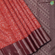 Honey Orange silver copper zari grand floral design chocolate brown rangoli design border grand silk saree