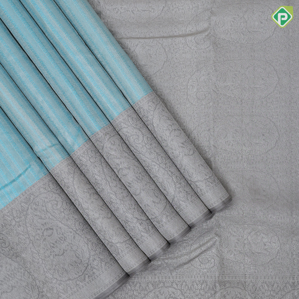 Sky blue silver zari stripes design light grey sliver zari mango butta vanasingaram border trendy designer silk saree