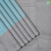 Sky blue silver zari stripes design light grey sliver zari mango butta vanasingaram border trendy designer silk saree