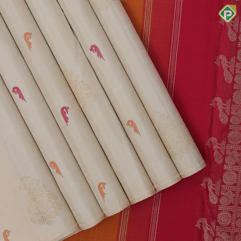 Cream White Gold Zari Manga Motif Thread Paithanic Motif Design Border Less Fancy Silk Saree