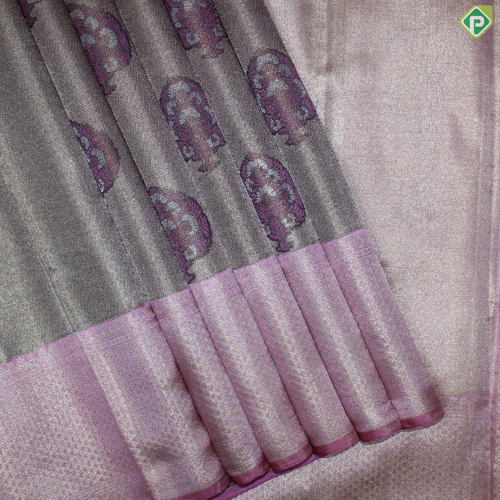 Golden Beige Fancy Tree Butta Contrast Pink Silver Gold Zari Mayilkan Border Grand Bridal Silk Saree