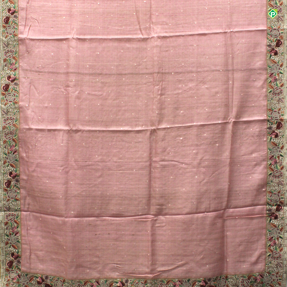 Rose Pink Flower Meena Work With Jamdhani Work Border Pure Tussar Silks Saree