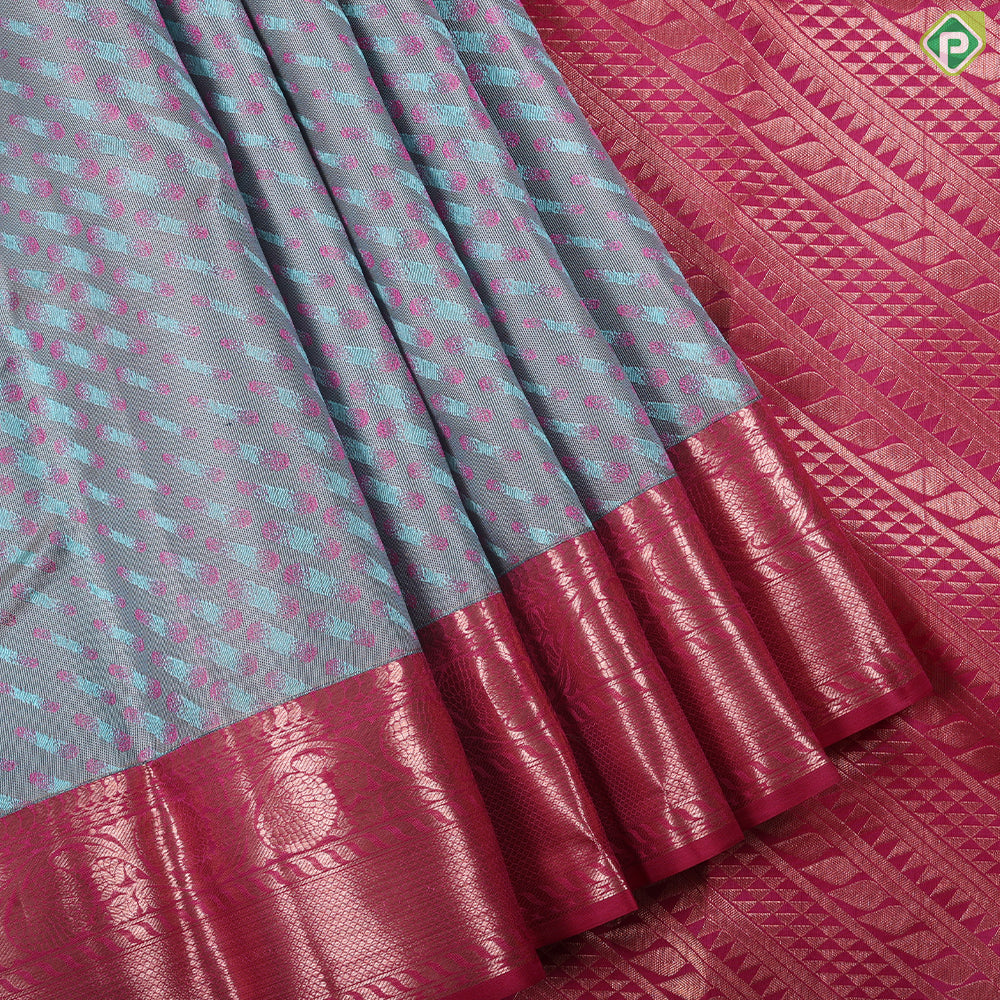 Marble blue pink combined cross bars design pink copper zari rangoli border trendy silk saree