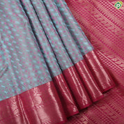 Marble blue pink combined cross bars design pink copper zari rangoli border trendy silk saree