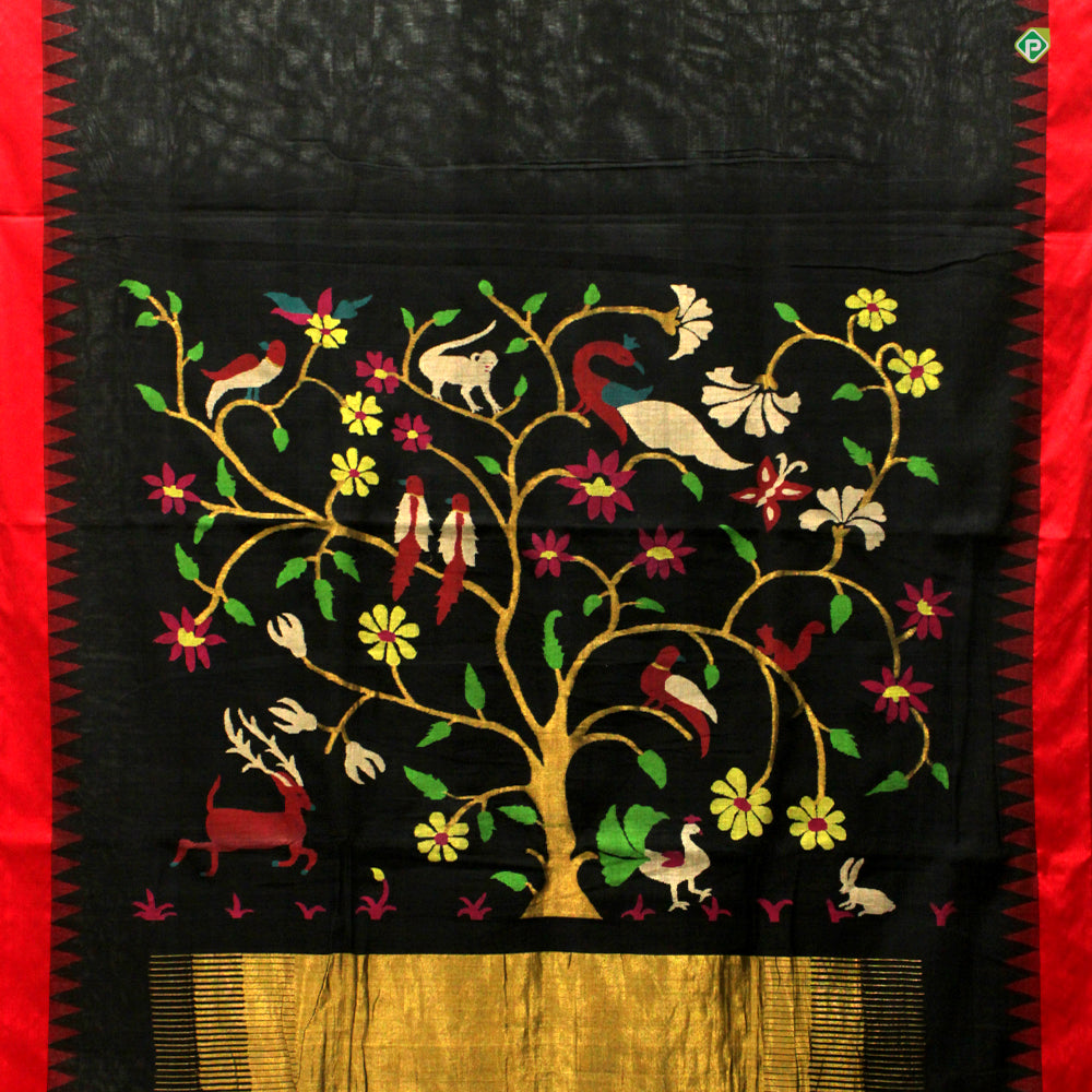 Black With Chilly Red Grand Paithani Zari Work Motifs Linen Silks Saree