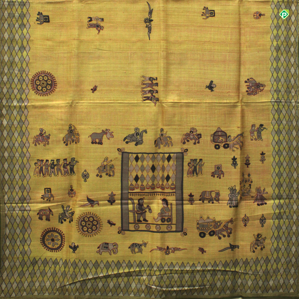Lime Green Madhubani Embroidery Work Motifs Pure Tussar Silks Saree