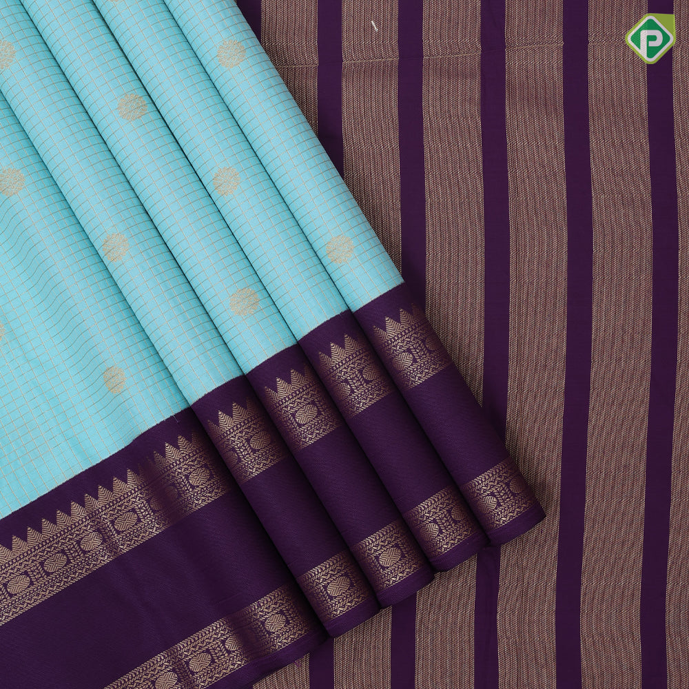Sea blue gold zari vairaoosi checked kataam rudraksham butta purple gold zari retta pattai border art silk saree