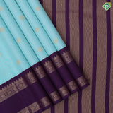 Sea blue gold zari vairaoosi checked kataam rudraksham butta purple gold zari retta pattai border art silk saree