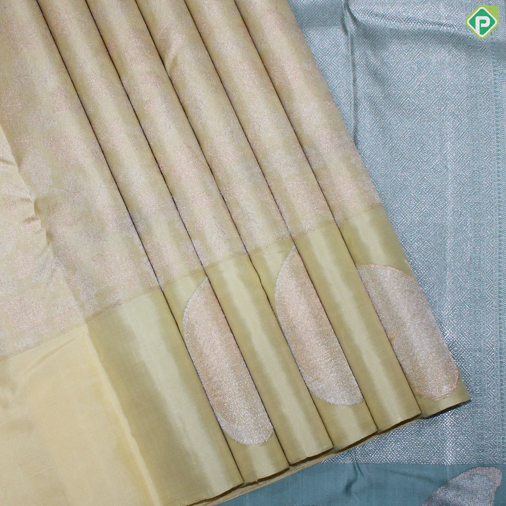Light Lemon Yellow Gold and Silver Zari With Butterfly Butta Border Trendy Silk Saree