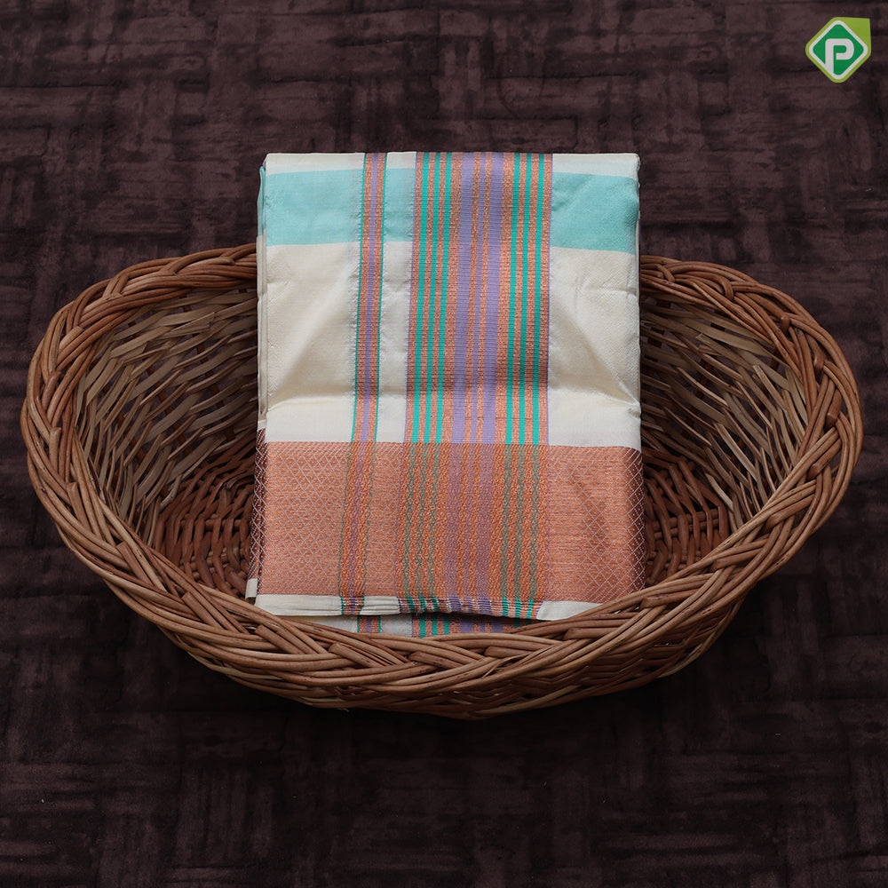 creamy sandal multi color checks design copper zari mayilkan border 8*4 silk dhoti set